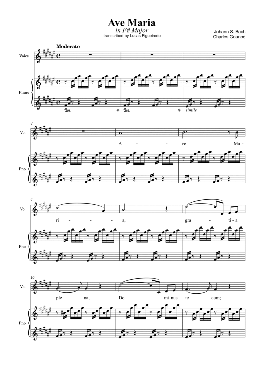 Ave Maria (Bach-Gounod) in F# Major for Piano and Voice Voice scores gallery preview page 1