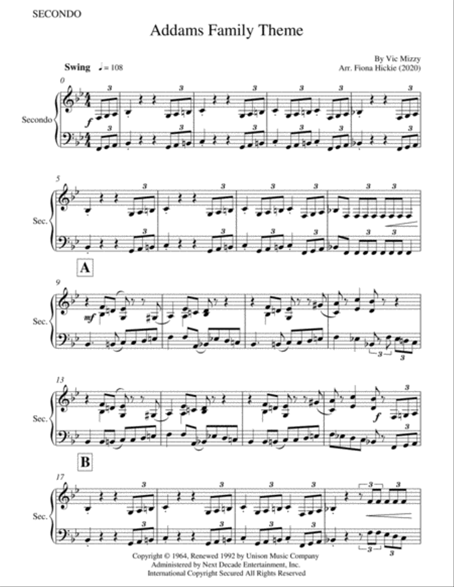 Addams Family Theme 1 Piano, 4-Hands scores gallery preview page 2