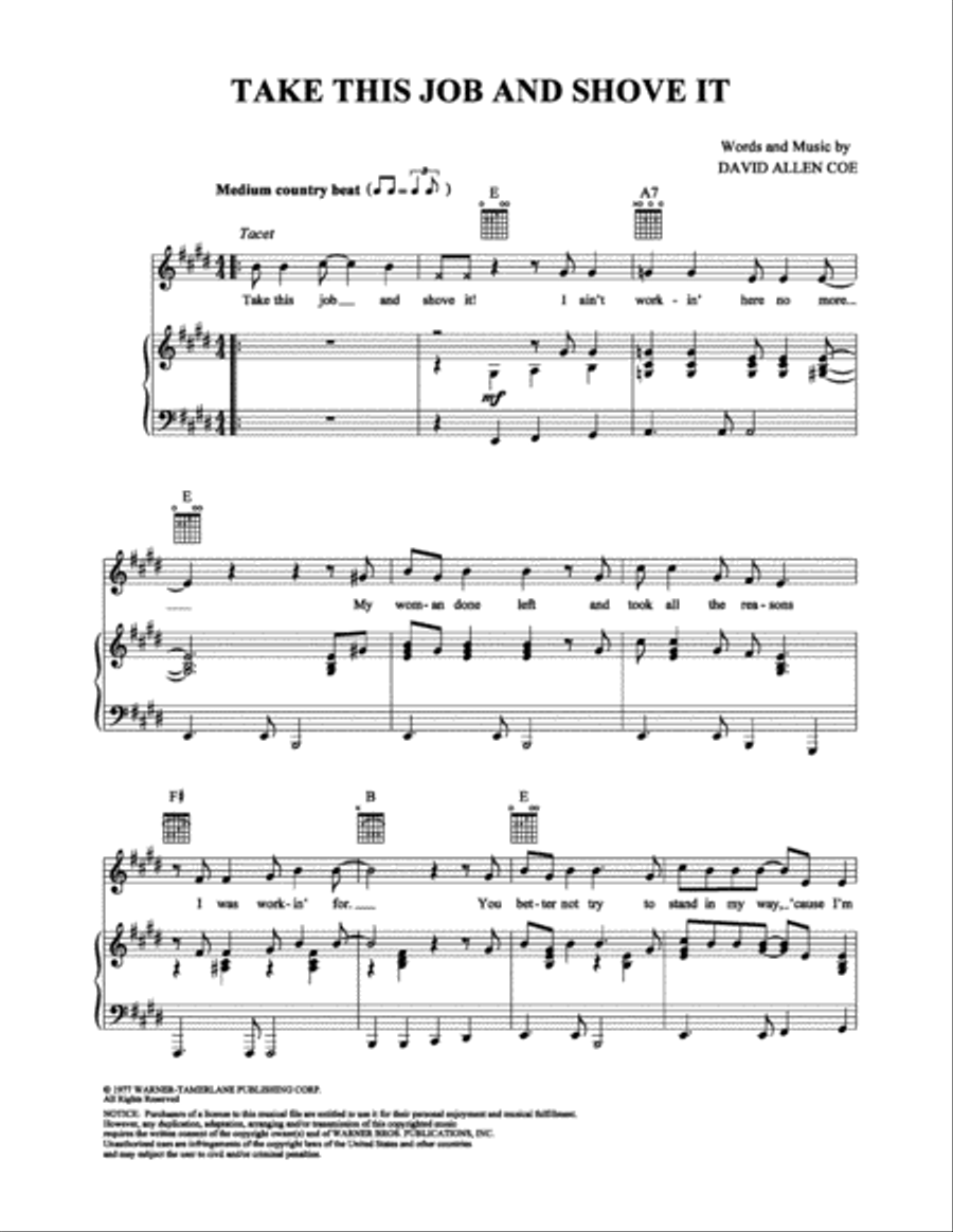 Take This Job and Shove It Piano, Vocal, Guitar scores gallery preview page 1