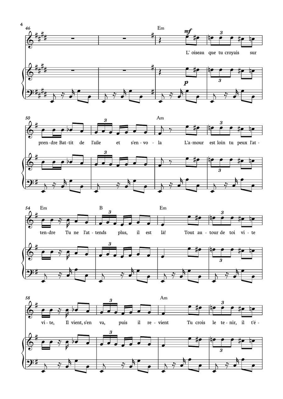 Habanera - Carmen for piano, chords and voice in E minor. Piano, Vocal scores gallery preview page 4