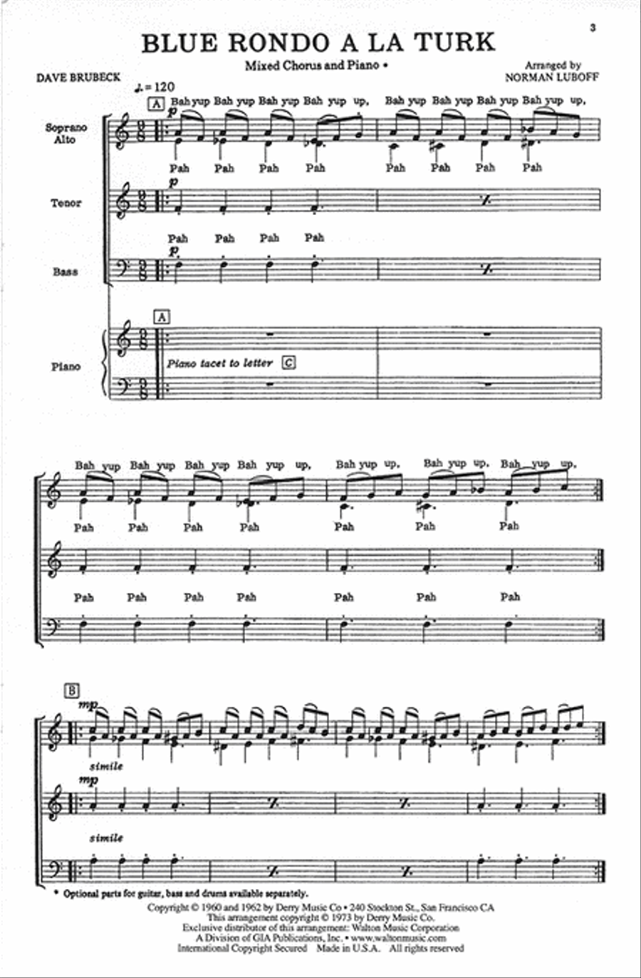 Blue Rondo A La Turk - SATB Parts Only