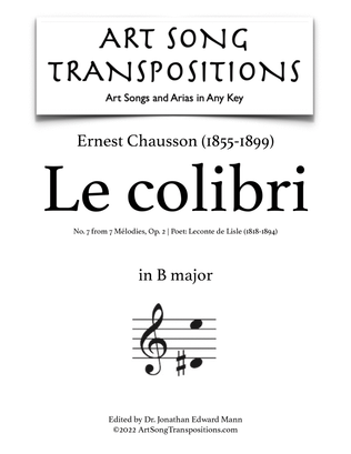 Book cover for CHAUSSON: Le colibri, Op. 2 no. 7 (transposed to B major)