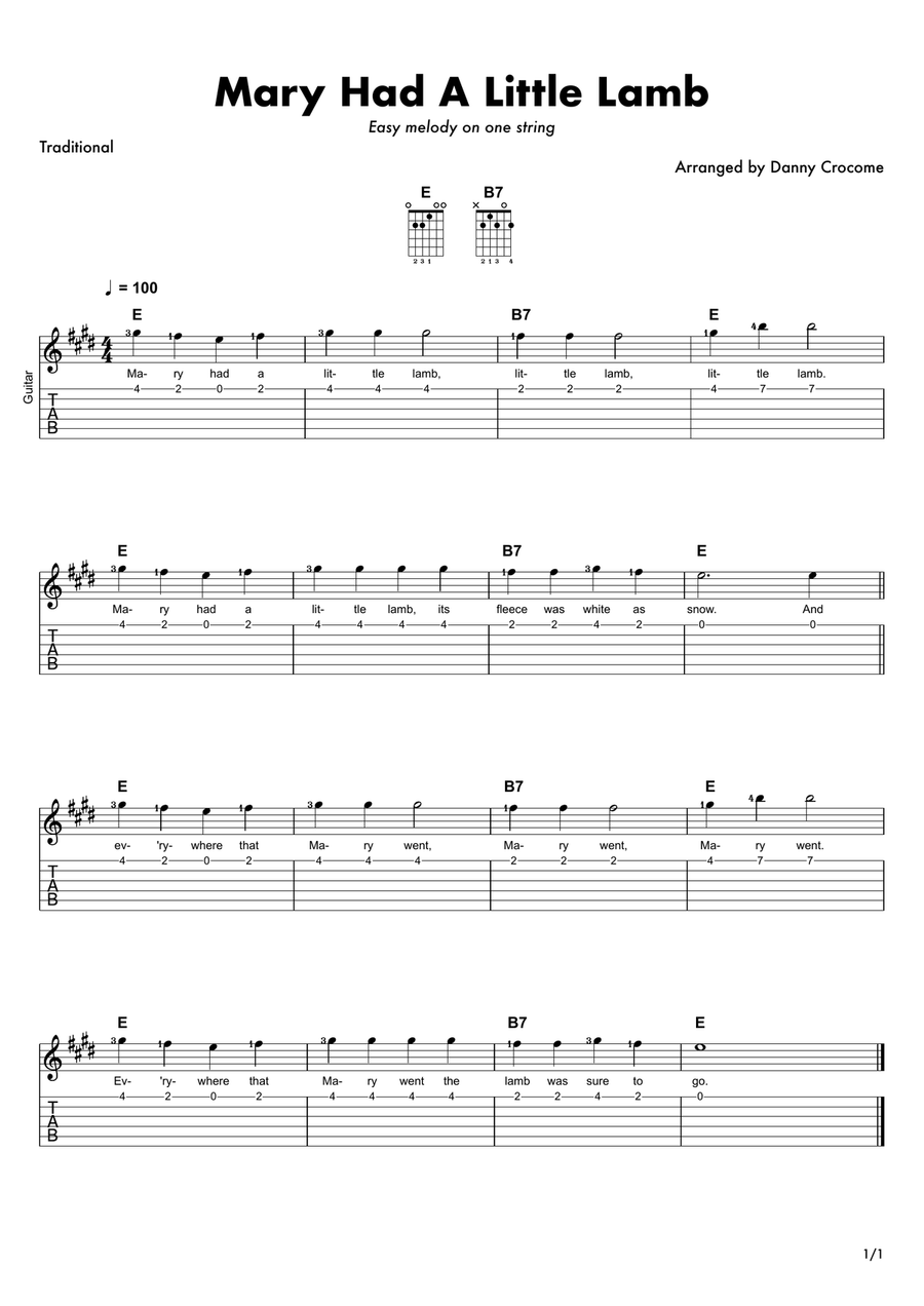 Mary Had A Little Lamb (one string melody) Classical Guitar scores gallery preview page 1