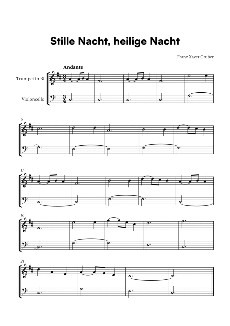 Stille Nacht, heilige Nacht (for Trumpet in Bb and Cello) B-Flat Trumpet scores gallery preview page 1