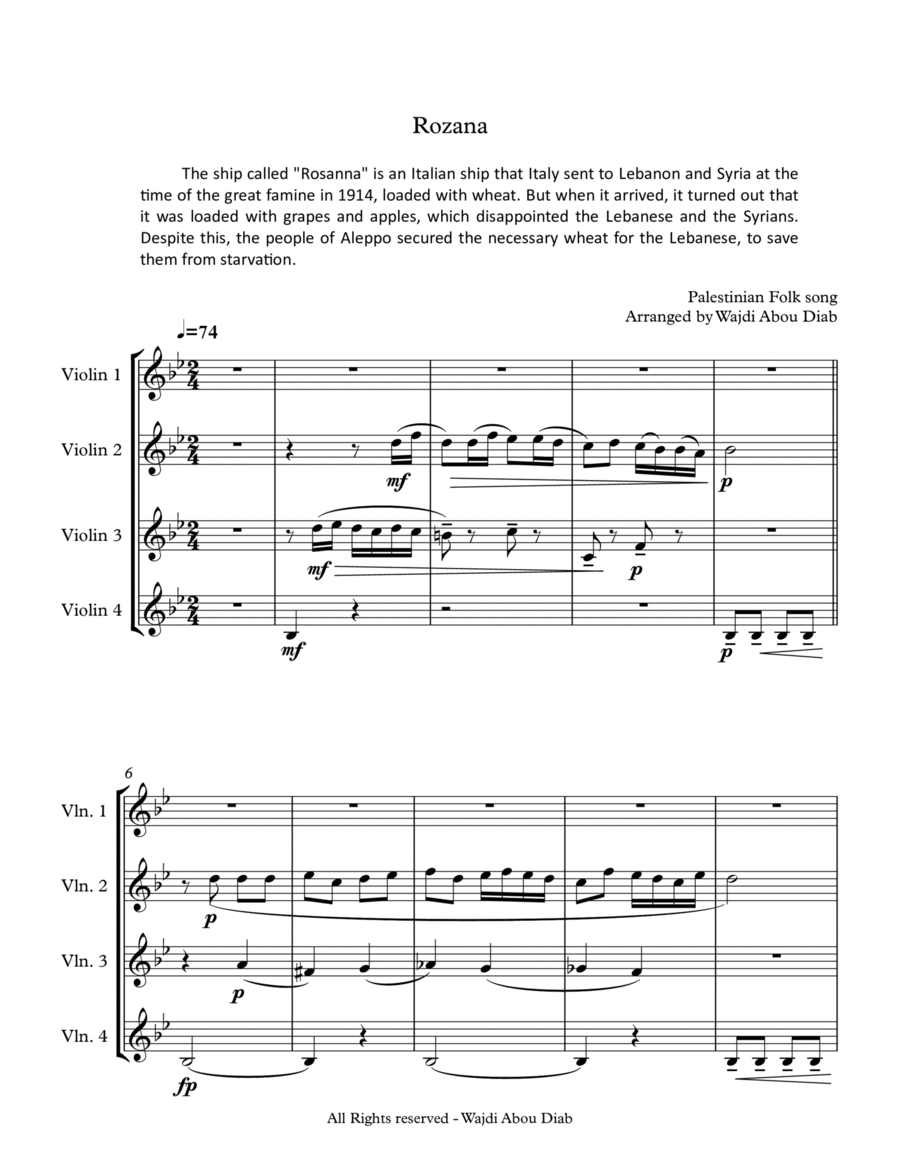 AL ROZANA (arabic song) - Violin quartet String Quartet scores gallery preview page 1