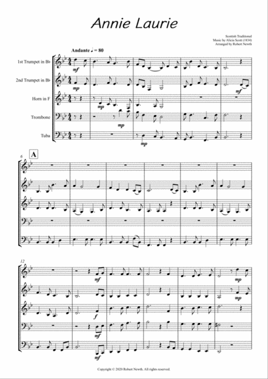 Annie Laurie for Brass Quintet by Traditional Brass Quintet