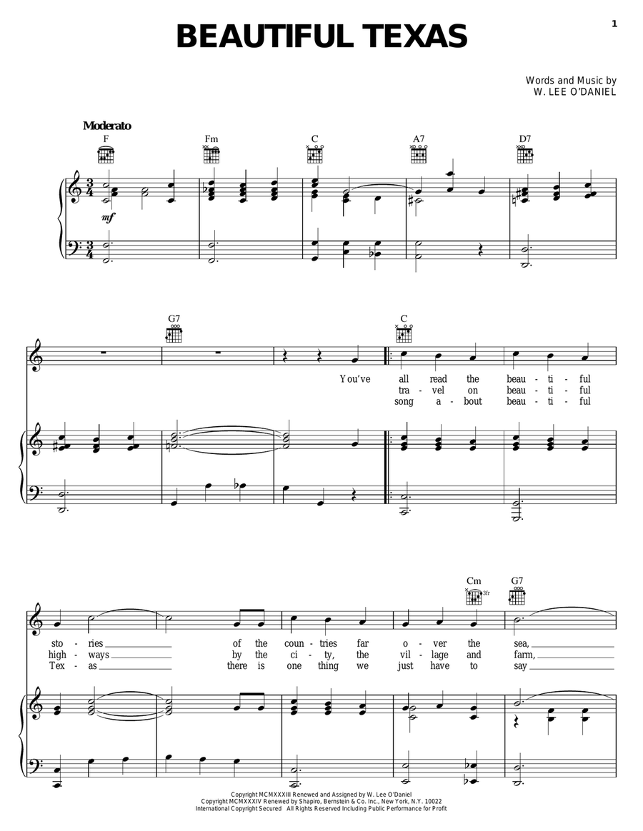 Beautiful Texas Piano, Vocal, Guitar scores gallery preview page 1