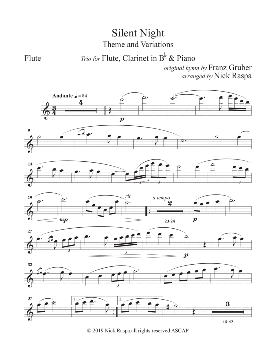 Silent Night - variations (Trio for Flute, Clarinet & Piano) Flute part image number null