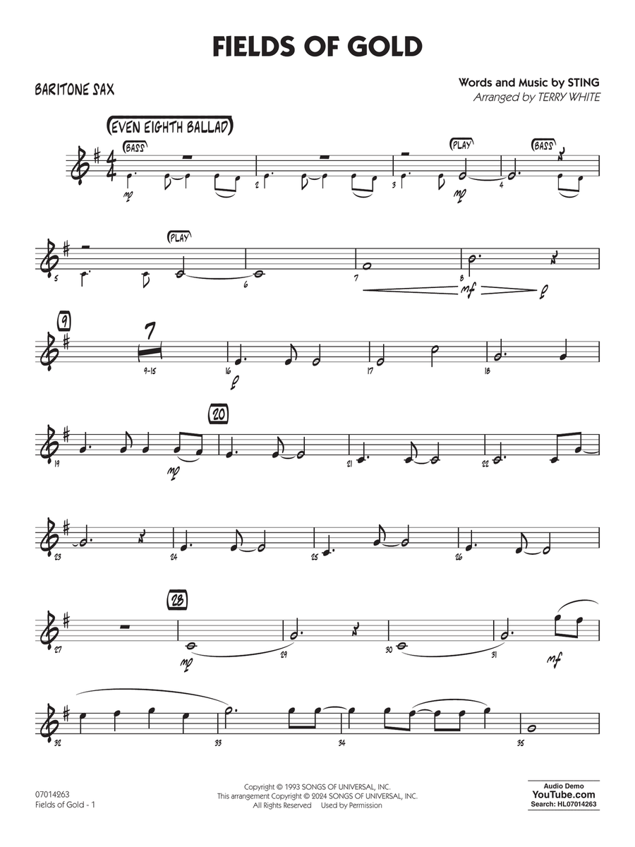 Fields Of Gold (arr. Terry White) - Baritone Sax Jazz Ensemble scores gallery preview page 1
