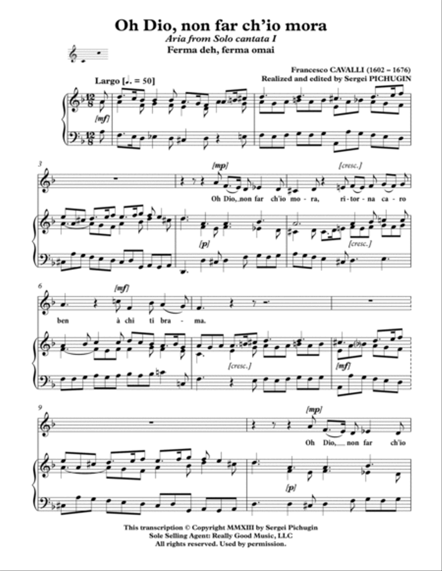 CAVALLI Francesco: Oh Dio, non far ch’io mora, aria from the cantata, arranged for Voice and Piano Medium Voice scores gallery preview page 3