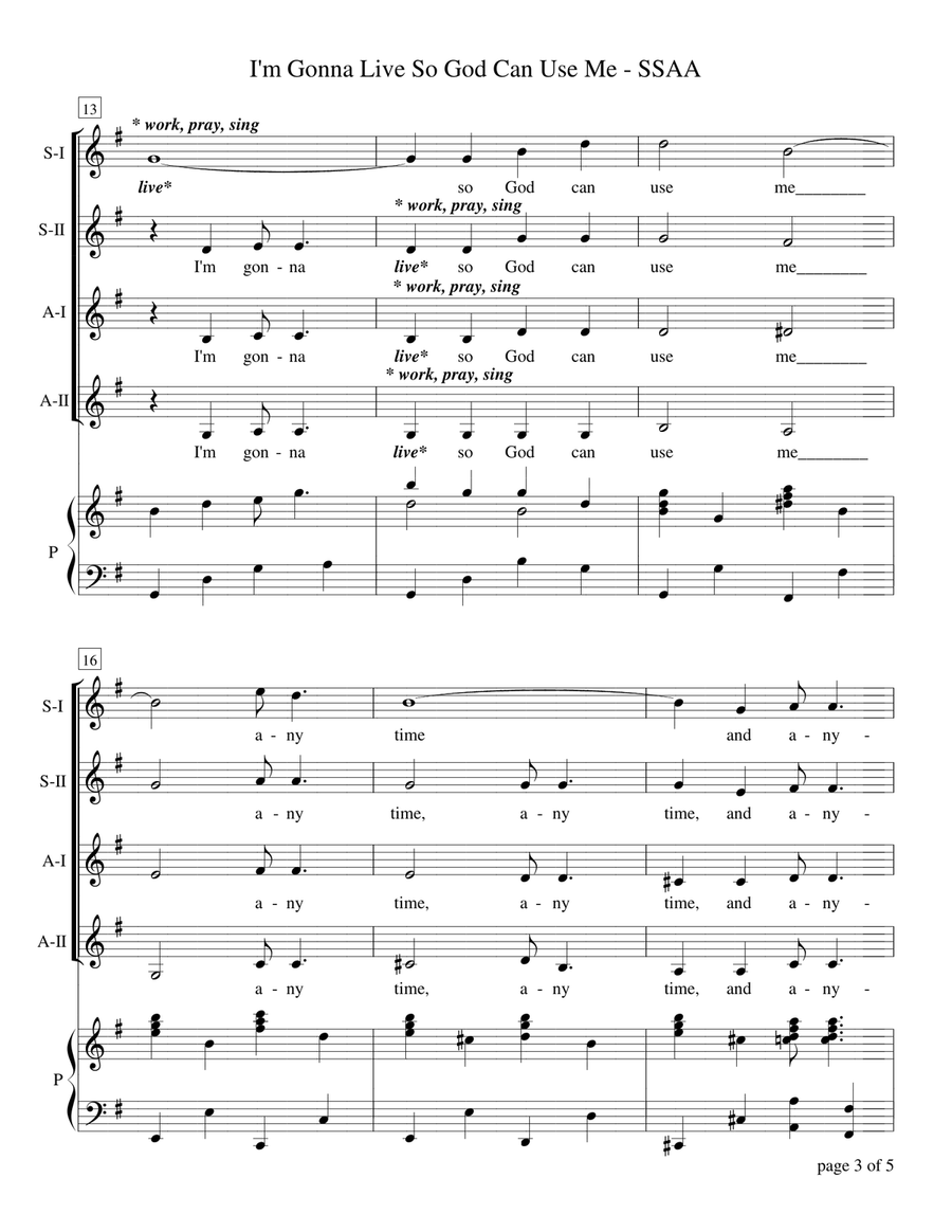 I'm Gonna Live So God Can Use Me (for SSAA a cappella Quartet with optional piano accompaniment) SSAA scores gallery preview page 6