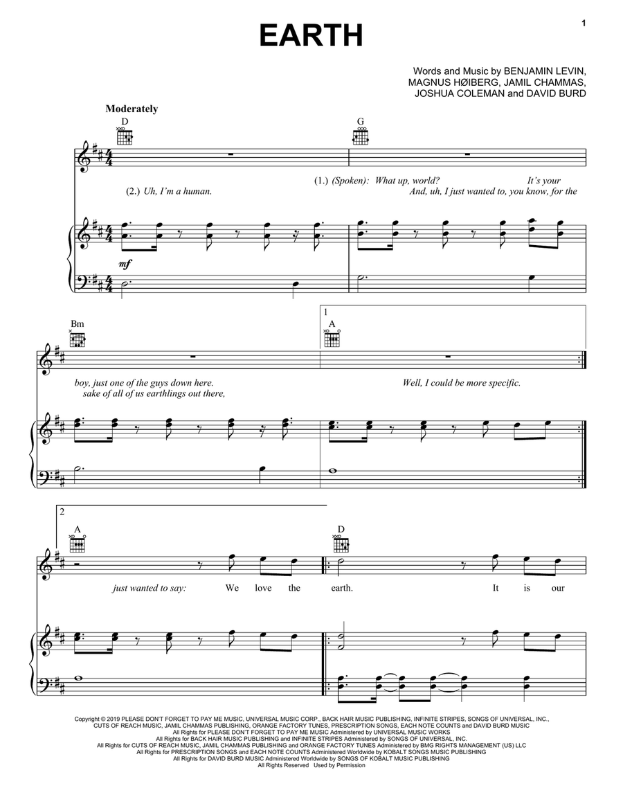 Earth Piano, Vocal, Guitar scores gallery preview page 1