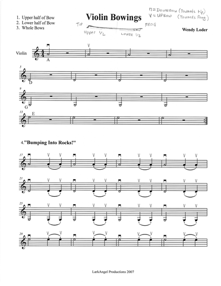 Beginning Violin Bowing Exercises, 5-note scales, and Tablatures (fingering charts)