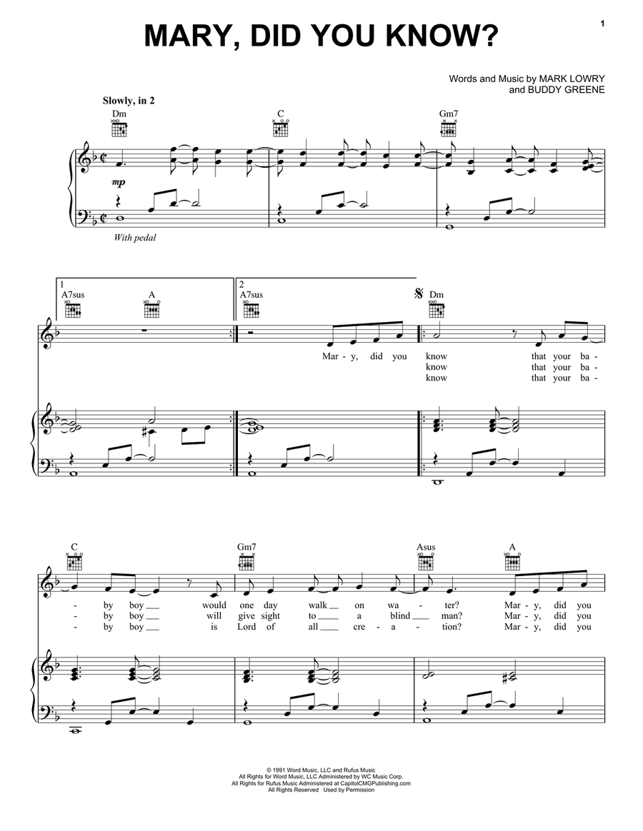 Mary, Did You Know? Piano, Vocal, Guitar scores gallery preview page 1