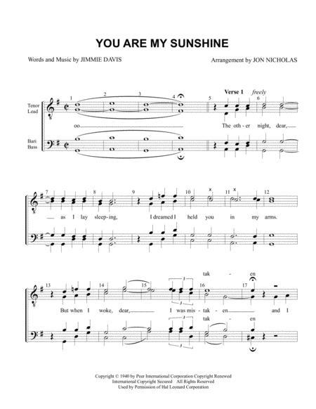 You Are My Sunshine by Ray Charles TTBB - Digital Sheet Music