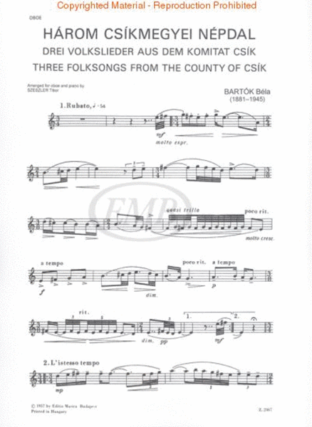 Three Hungarian Folksongs from the County of Csik