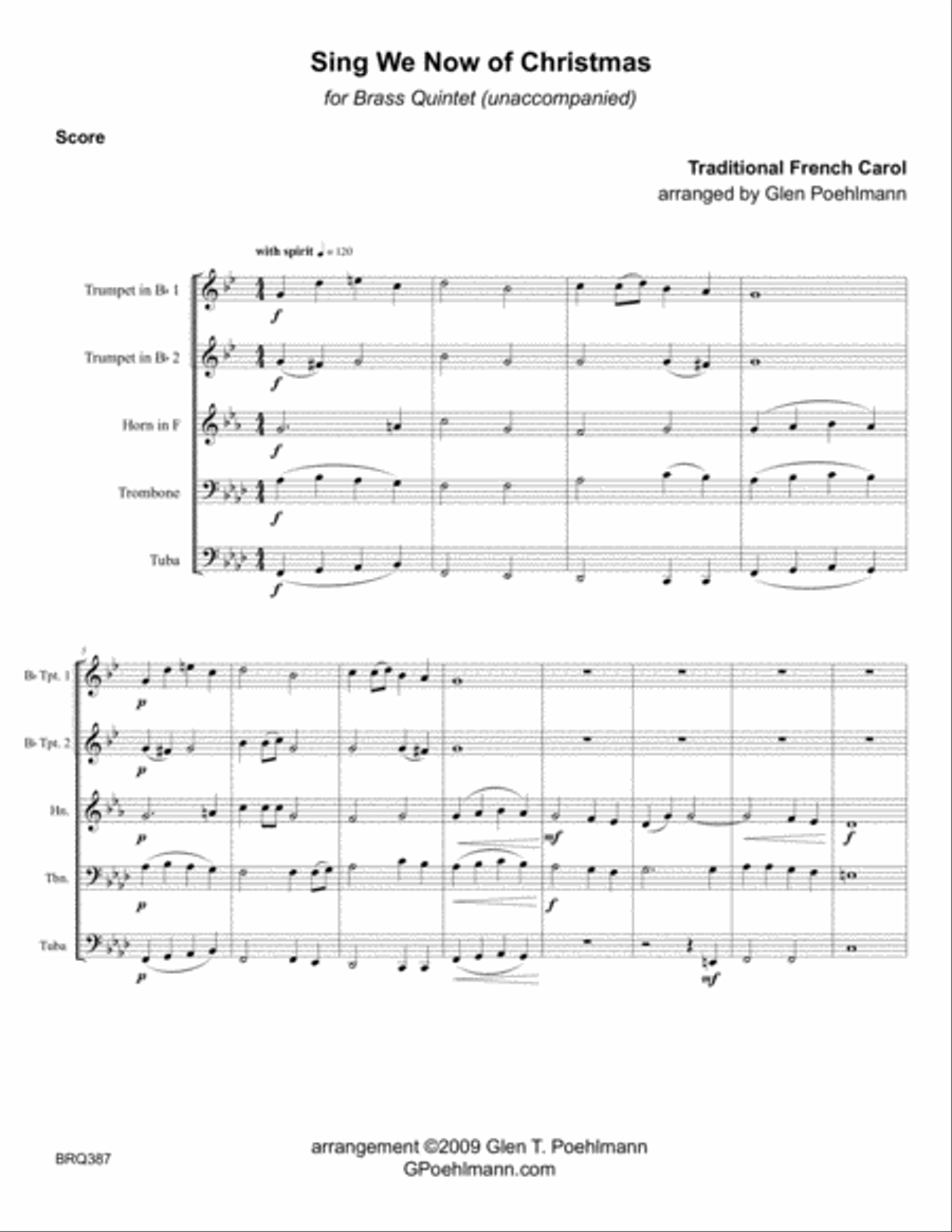SING WE NOW OF CHRISTMAS arranged for BRASS QUINTET (unaccompanied) Brass Quintet scores gallery preview page 1