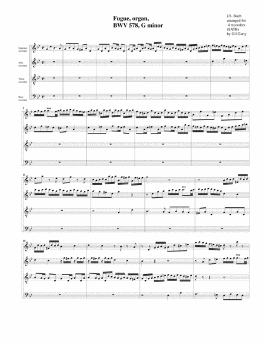 Fugue for organ, BWV 578 (Arrangement for 4 recorders) Recorder scores gallery preview page 1
