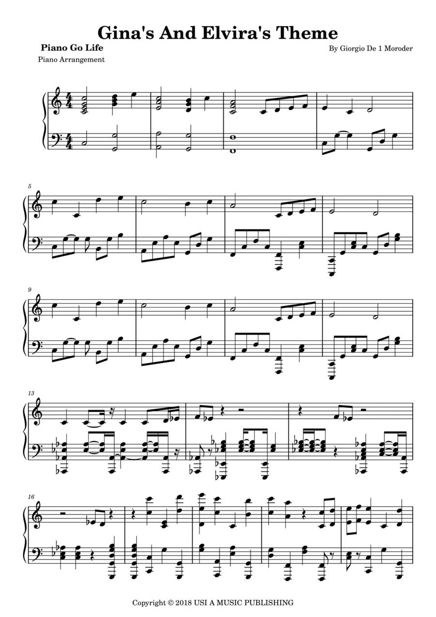 Gina's And Elvira's Theme Piano Solo scores gallery preview page 1