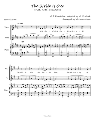 The Strife is O'er by G. Palestrina Easter Hymn Easy arrangement for Voice, Flute, and Piano