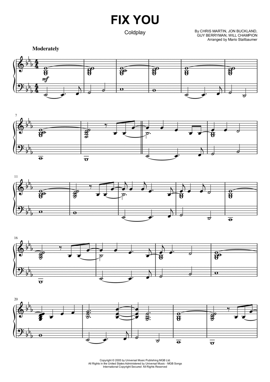 Fix You Piano Solo scores gallery preview page 1
