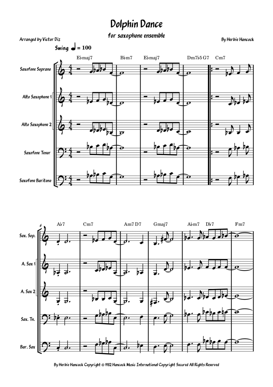 Dolphin Dance Saxophone Quintet scores gallery preview page 1