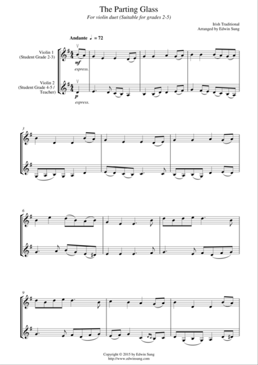 The Parting Glass (for violin duet, suitable for grades 2-5) String Duet scores gallery preview page 1