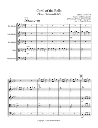 Book cover for Carol of the Bells (F min) (String Quintet - 3 Violin, 1 Viola, 1 Cello)