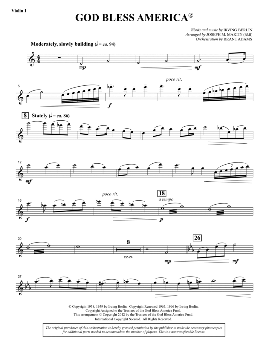 God Bless America - Violin 1 Choir scores gallery preview page 1