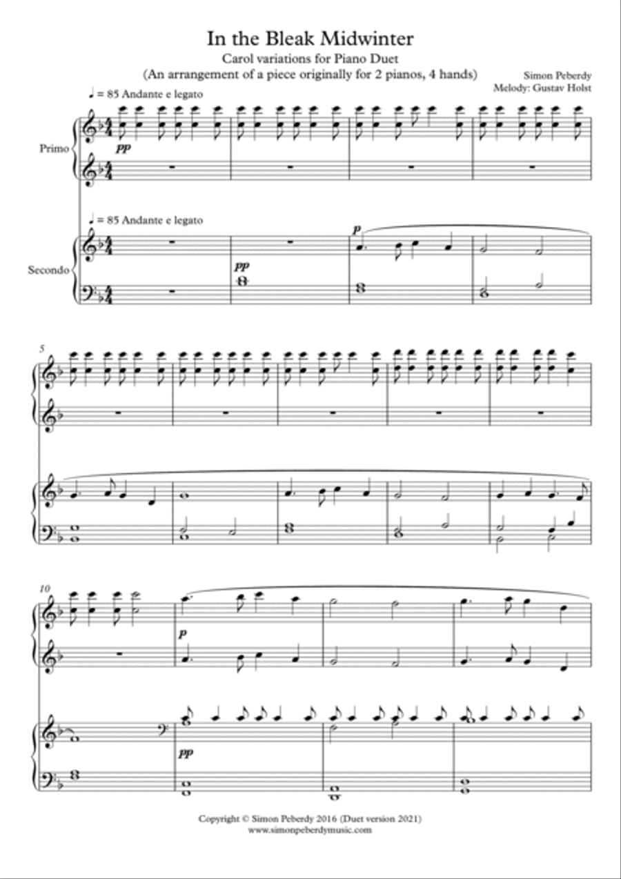 In the Bleak Mid Winter, fun carol variations for piano duet by Simon Peberdy (on a melody by Holst) image number null