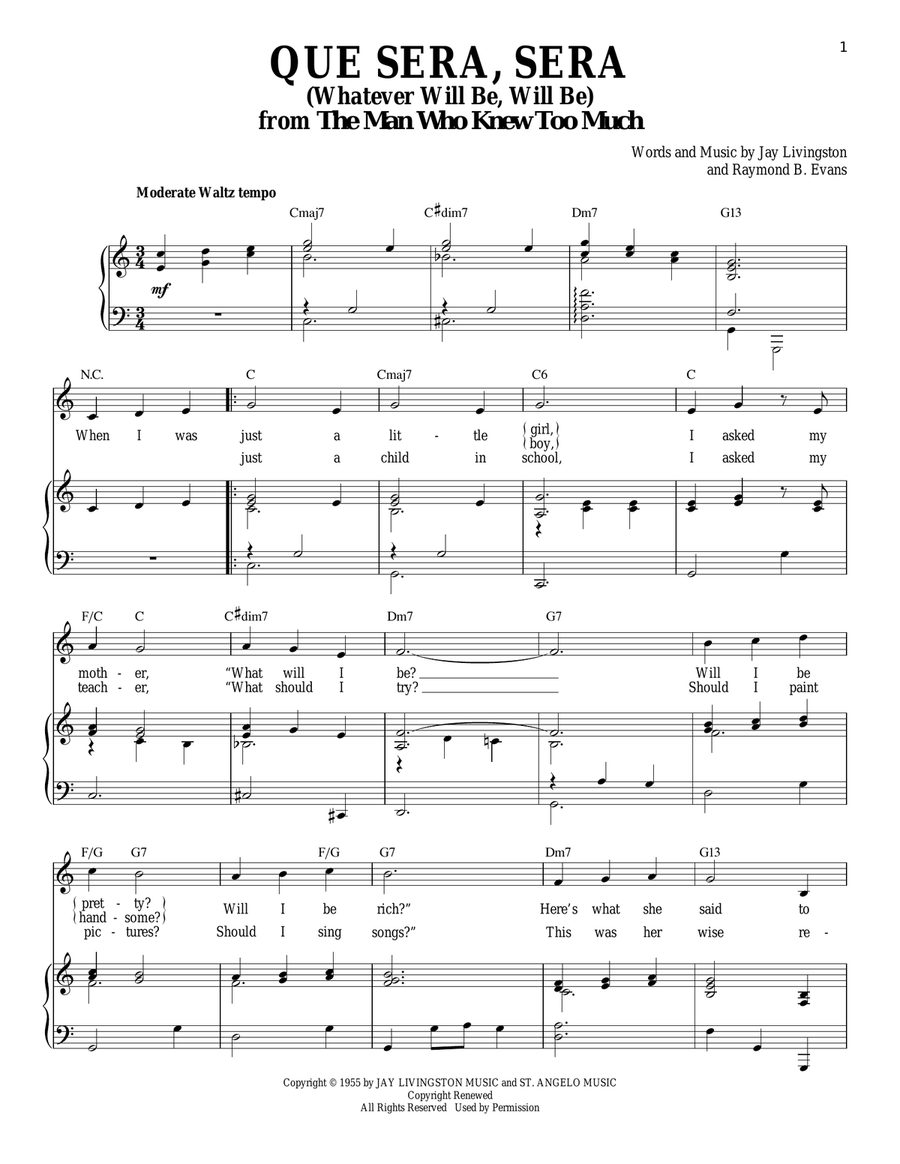 Que Sera, Sera (Whatever Will Be, Will Be) Piano, Vocal scores gallery preview page 1