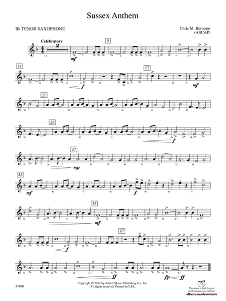 Sussex Anthem: B-flat Tenor Saxophone Concert Band scores gallery preview page 1