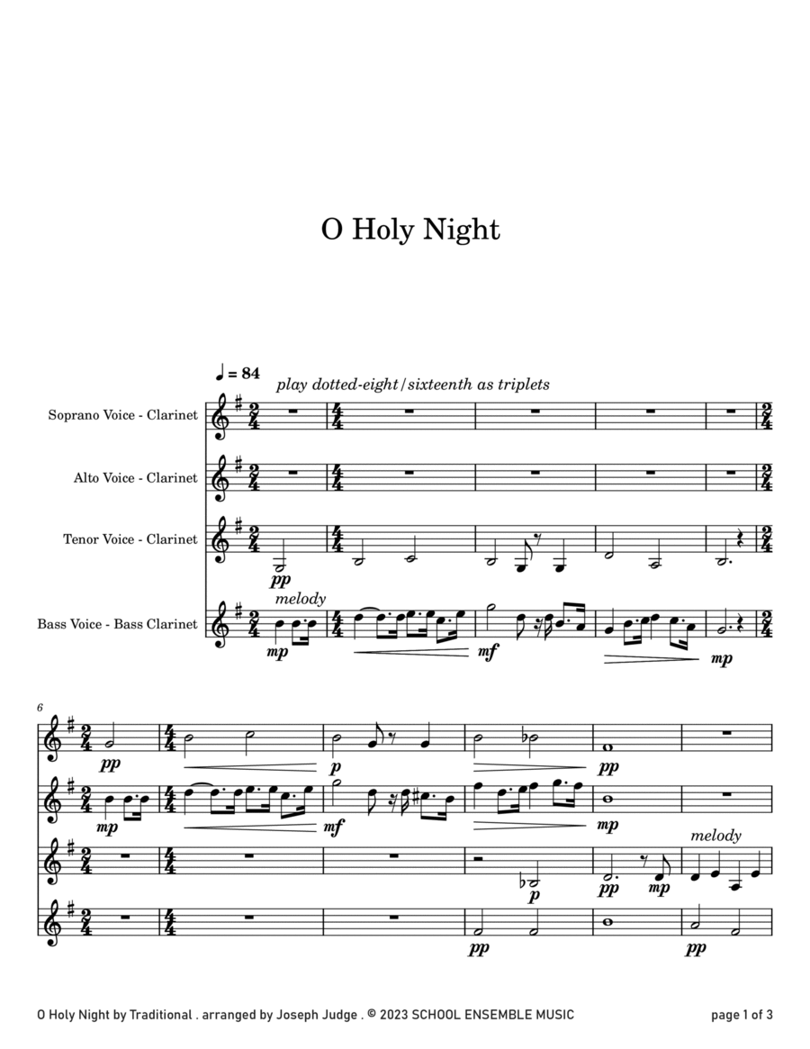 O Holy Night for Clarinet Quartet in Schools Clarinet Quartet scores gallery preview page 1