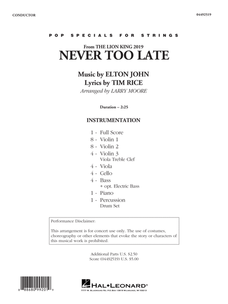 Never Too Late (from The Lion King 2019) (arr. Larry Moore) - Conductor Score (Full Score)