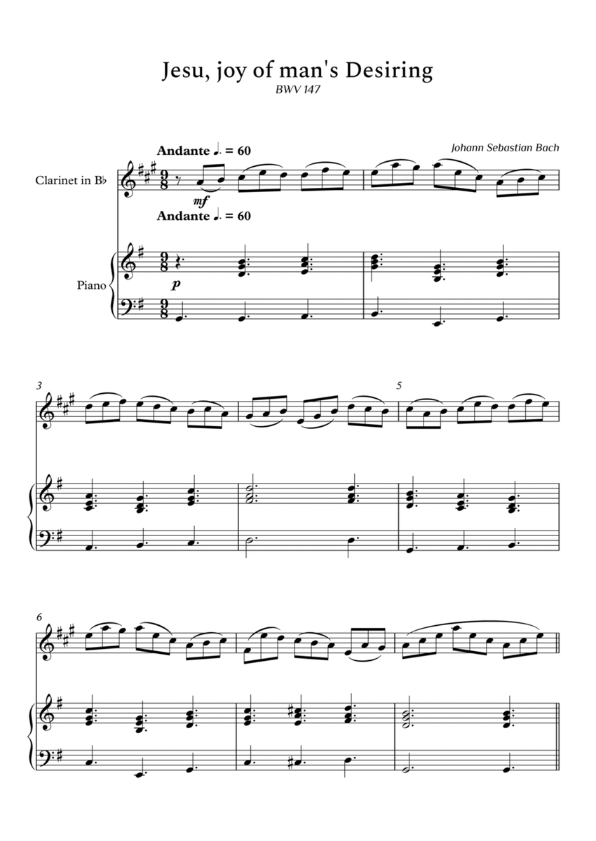 Jesu, Joy of Man's Desiring for Clarinet and Piano (Not Chords) - Score and Parts image number null