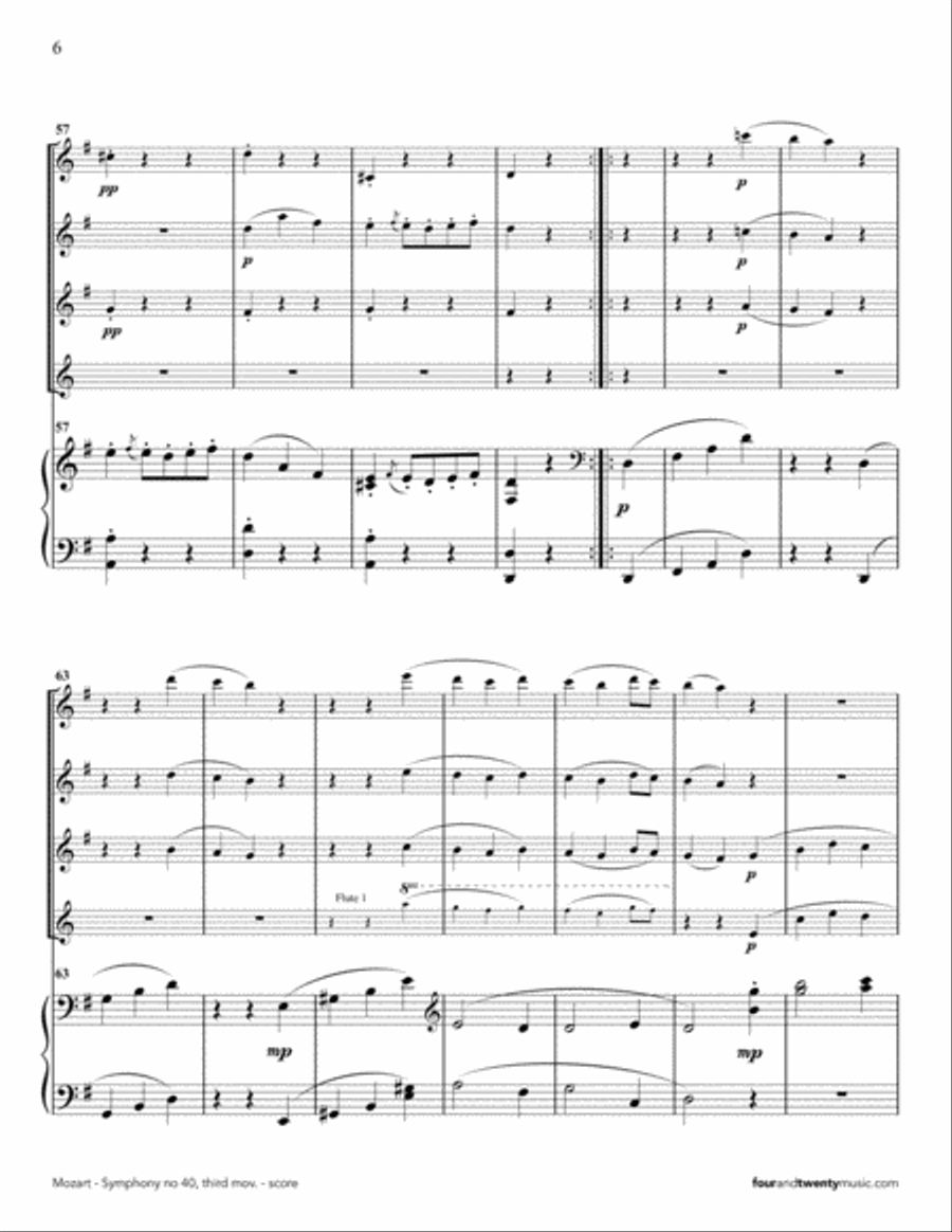 Symphony no 40, third movement (Minuetto and trio) arranged for four flutes and piano Small Ensemble scores gallery preview page 6