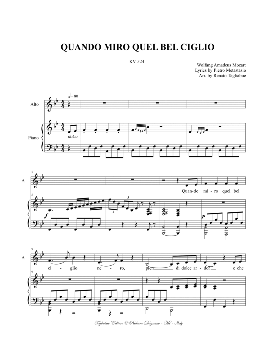 QUANDO MIRO IL TUO BEL CIGLIO - KV 524 - For Alto e Piano Voice scores gallery preview page 1