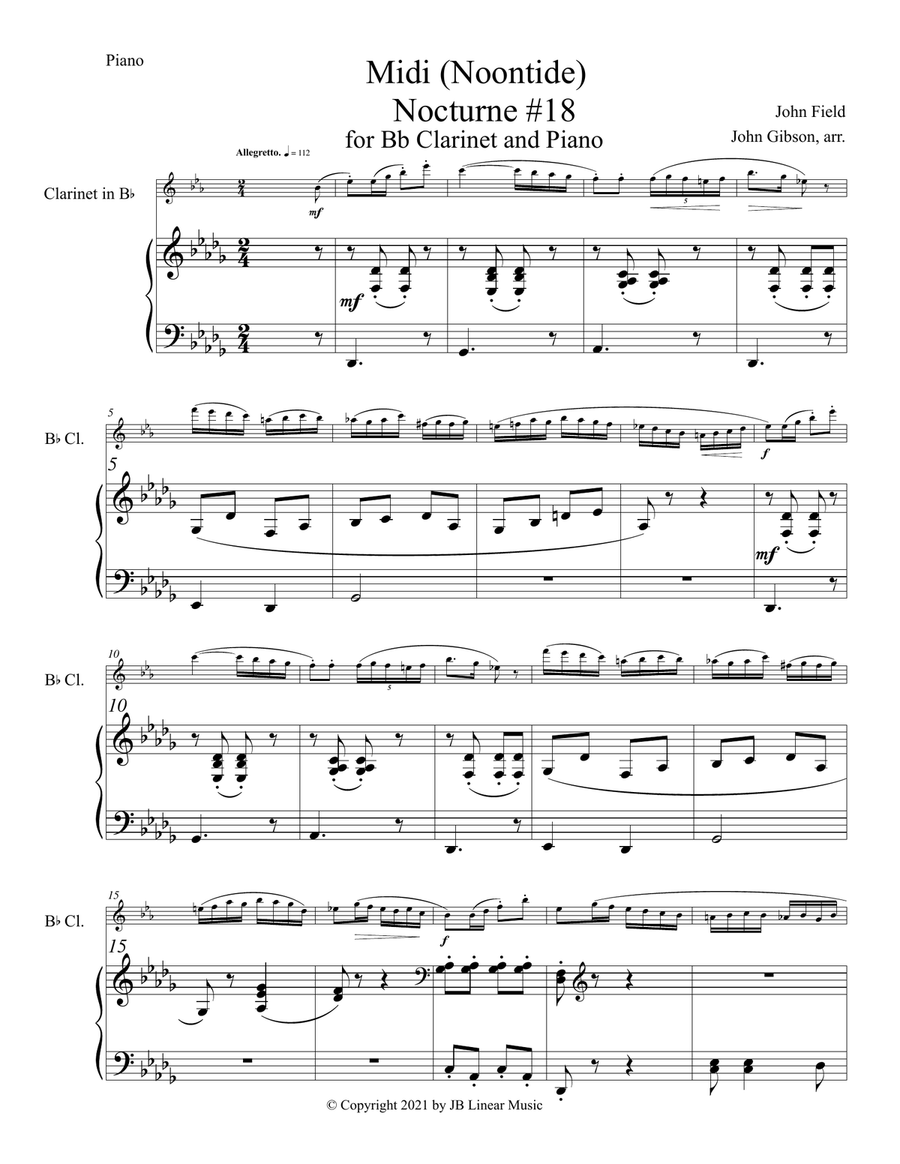 Midi (noontide) by John Field set for Bb clarinet and piano B-Flat Clarinet scores gallery preview page 2