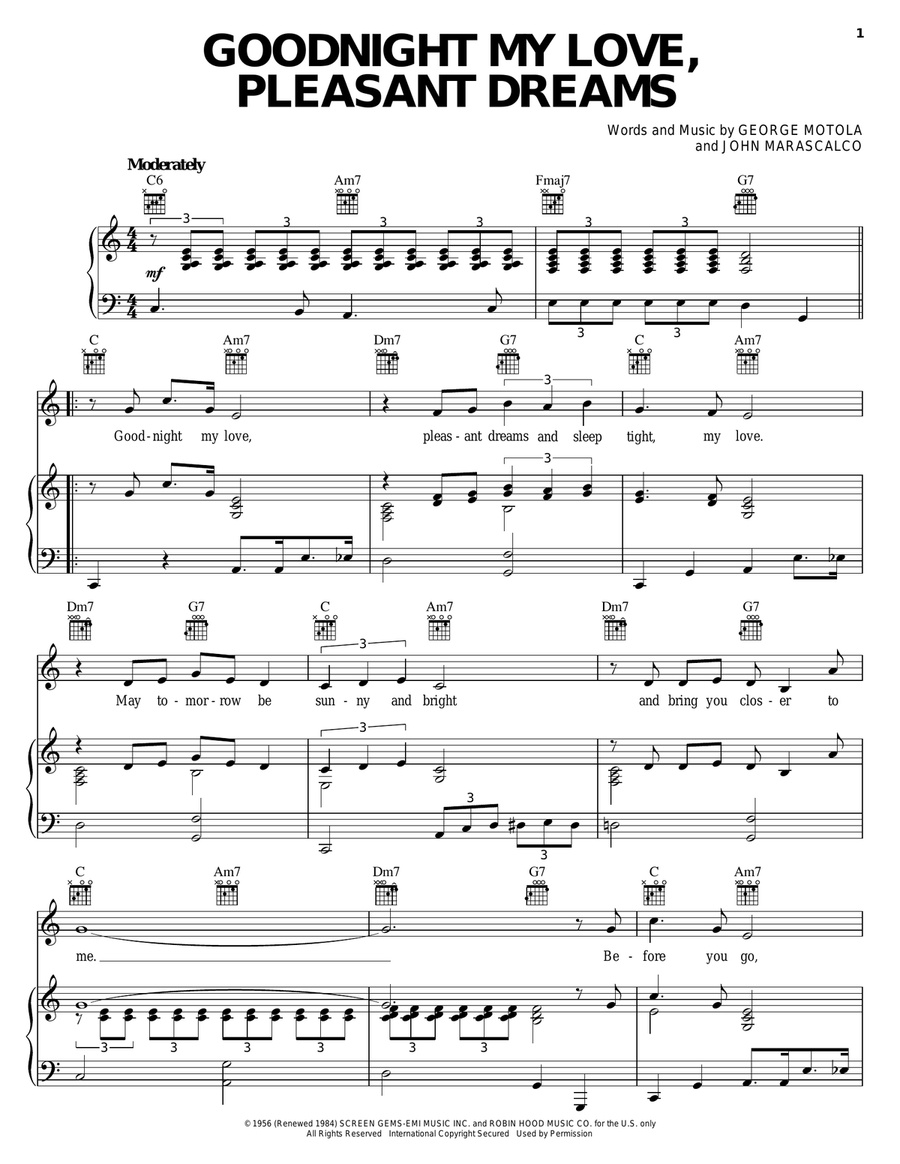 Goodnight My Love, Pleasant Dreams Piano, Vocal, Guitar scores gallery preview page 1