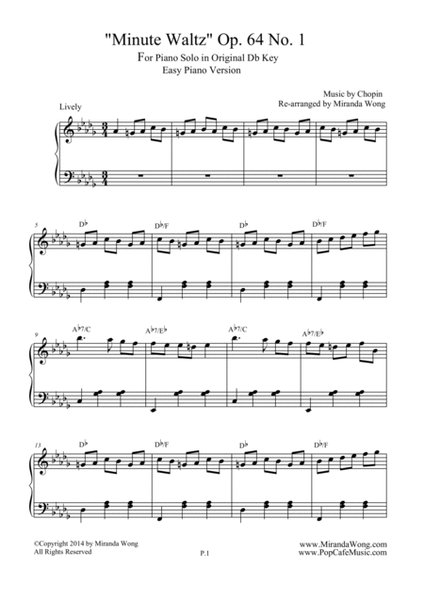 Minute Waltz in Original Db Key Op.64 No.1 - Easy Piano Solo image number null