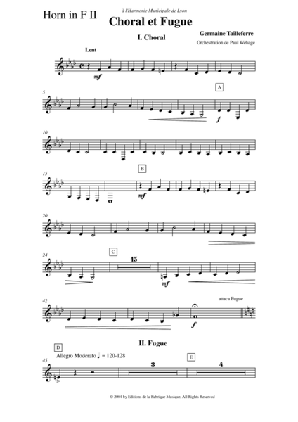 Germaine Tailleferre : Choral et Fugue, arranged for concert band by Paul Wehage - horn 2 part