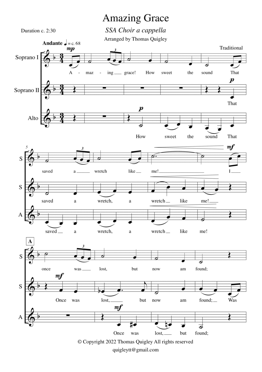 Amazing Grace (SSA a cappella) SSA scores gallery preview page 1