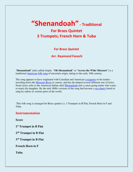 Shenandoah - For Brass Quintet (3 Trumpets in B Flat; Horn in F and Tuba) image number null