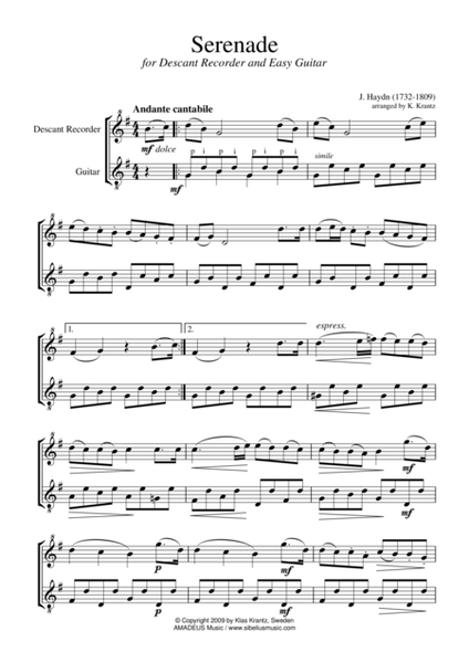 Serenade (abridged) for descant recorder and easy guitar image number null