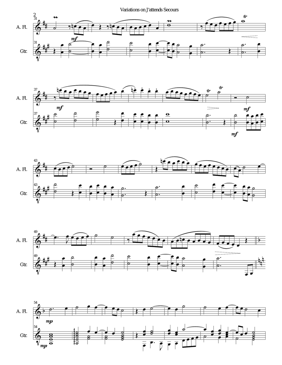 Variations on J'attends secours for alto flute and guitar Flute scores gallery preview page 2