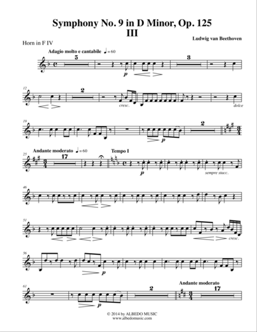 Beethoven Symphony No. 9, Movement III - Horn in F 4 (Transposed Part), Op. 125 Horn Solo scores gallery preview page 1
