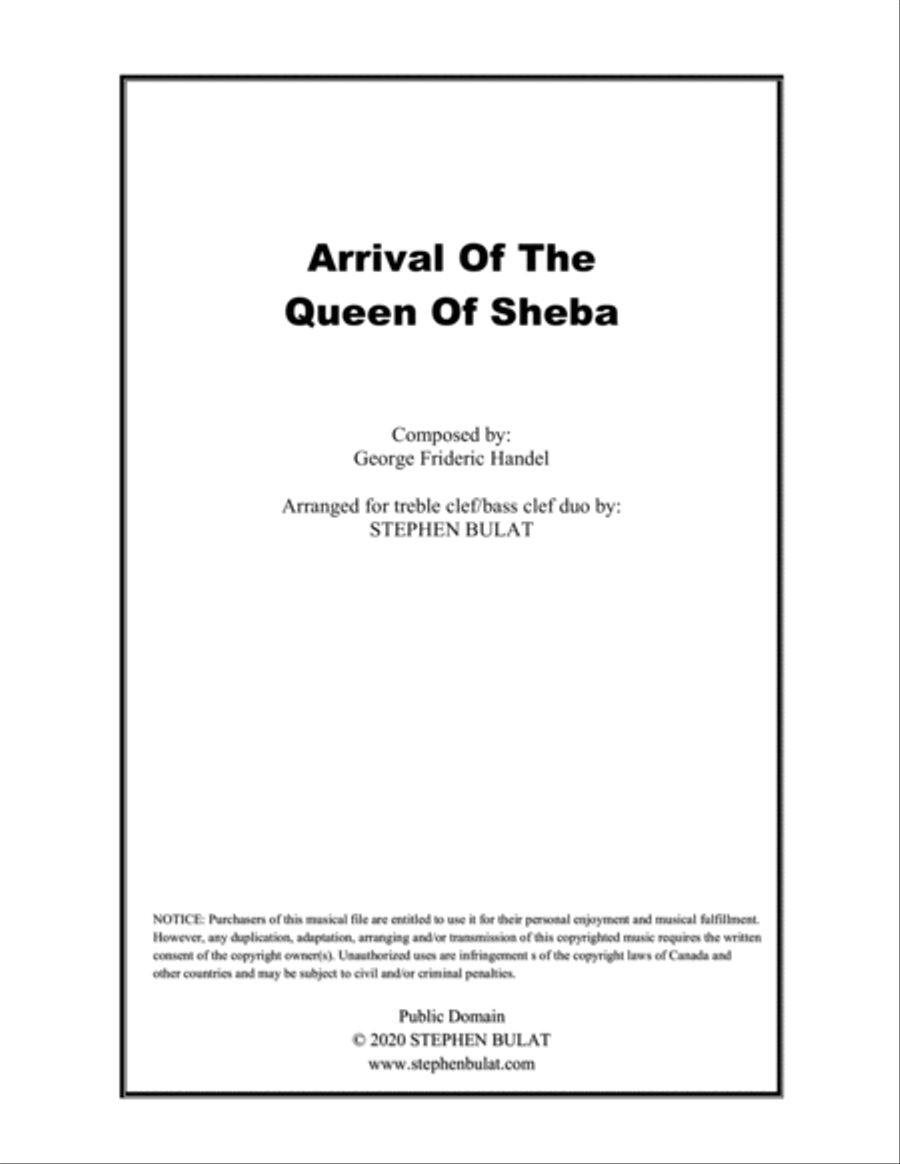 Arrival Of The Queen Of Sheba (Handel) - violin/cello duo or other treble clef/bass clef instruments English Horn scores gallery preview page 1