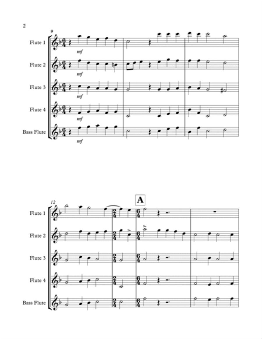 Lo, How a Rose E'er Blooming arranged for 4 C flutes or 3 C flutes and bass flute Flute Quartet scores gallery preview page 3