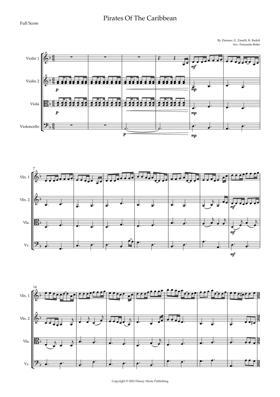 Pirates Of The Caribbean Pirates Of The Caribbean String Quartet scores gallery preview page 1
