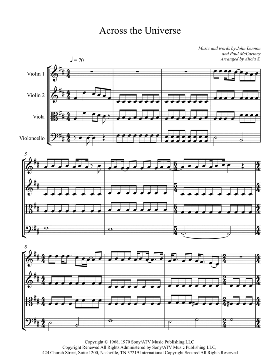 Across The Universe String Quartet scores gallery preview page 1